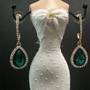 Ashley Collection Drop Dangle Earrings Pierced Green & Clear Rhinestones 2”